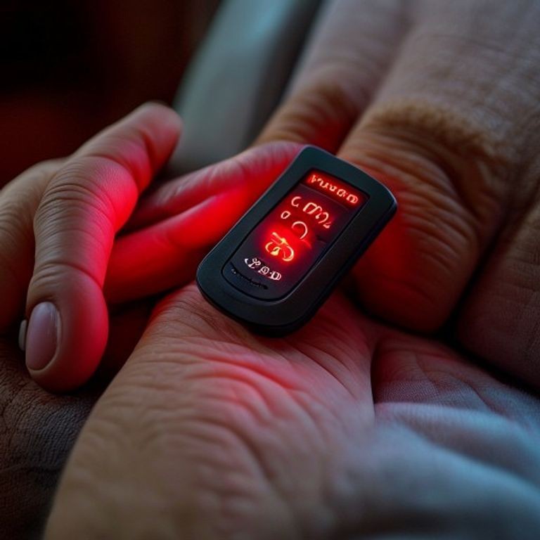 MEND Oxi fingertip pulse oximeter clipped on a patient's finger
